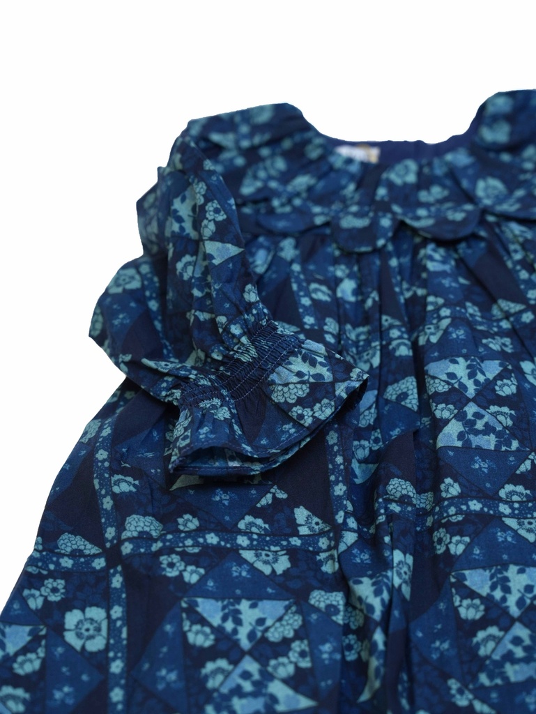 25516 PAPATYA YAKALI BASKILI ELBISE MAVI