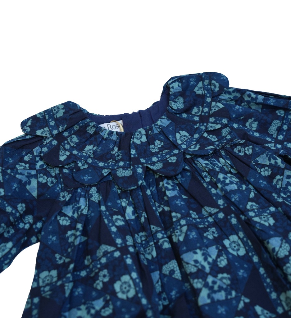 25516 PAPATYA YAKALI BASKILI ELBISE MAVI