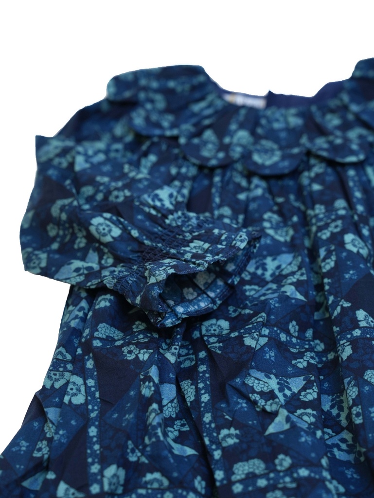 25616 PAPATYA YAKALI BASKILI ELBISE MAVI