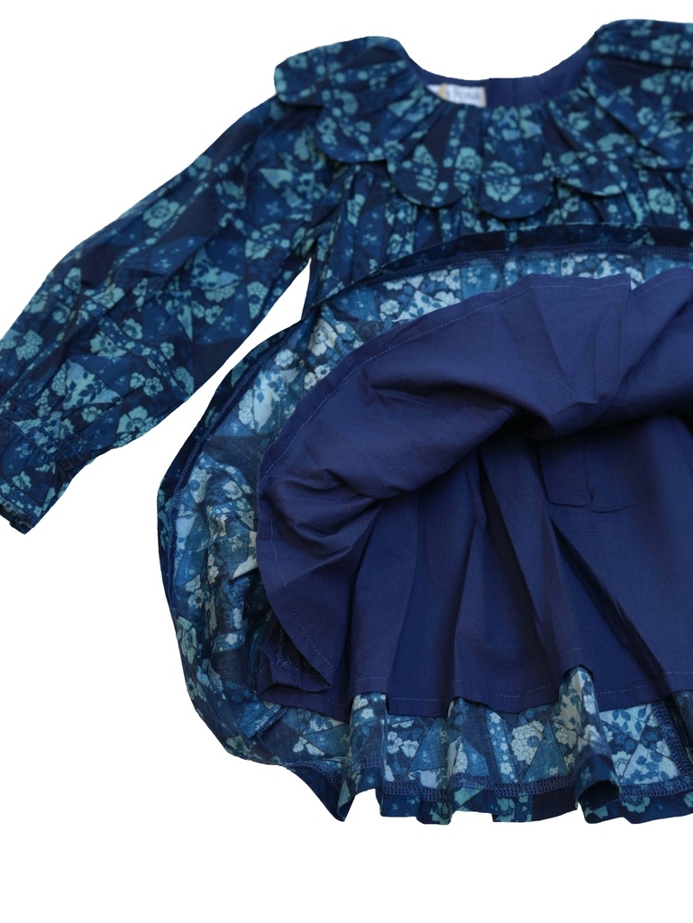 25616 PAPATYA YAKALI BASKILI ELBISE MAVI