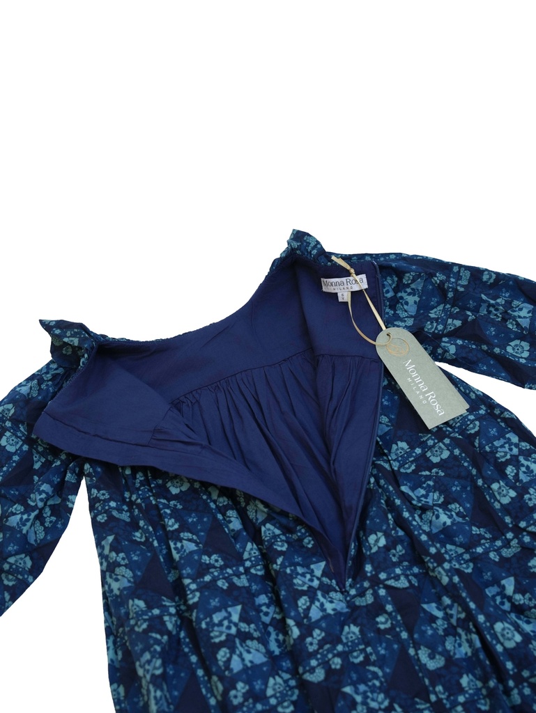 25716 PAPATYA YAKALI BASKILI ELBISE MAVI