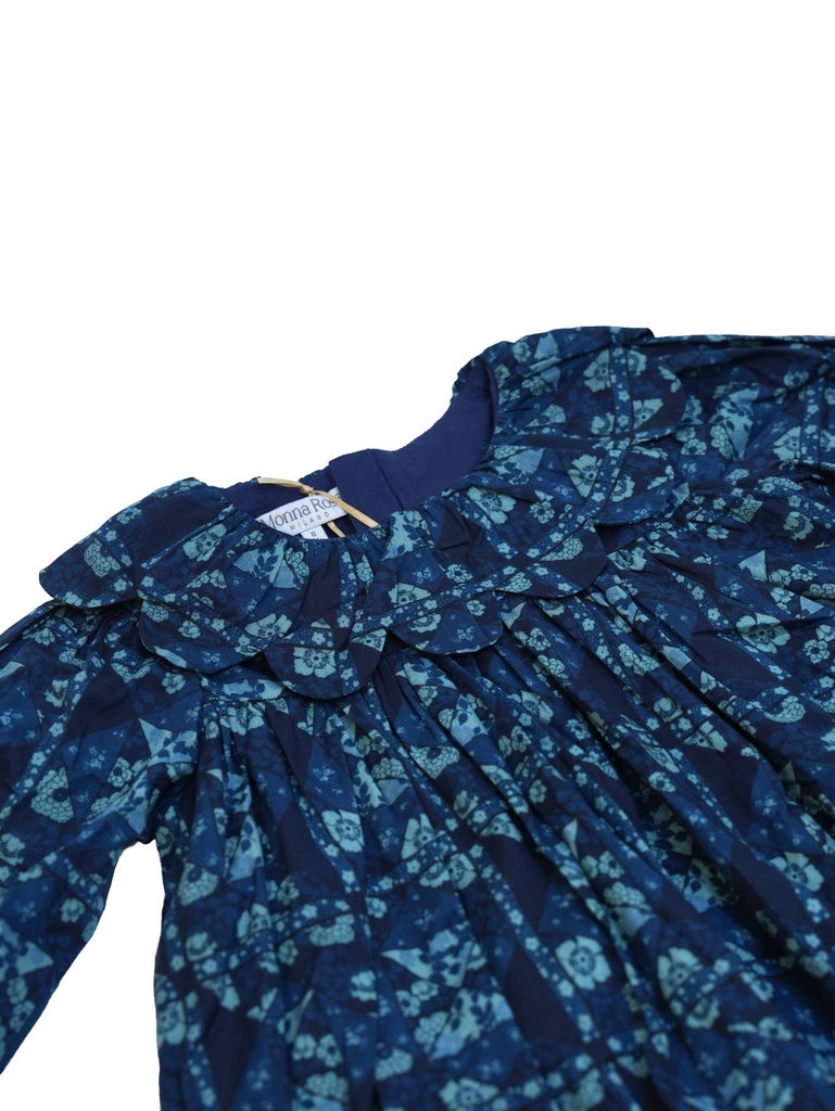 25716 PAPATYA YAKALI BASKILI ELBISE MAVI