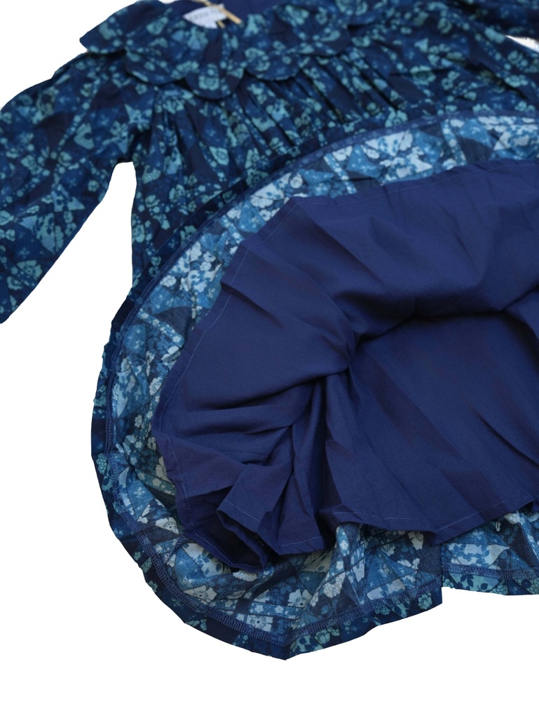 25716 PAPATYA YAKALI BASKILI ELBISE MAVI