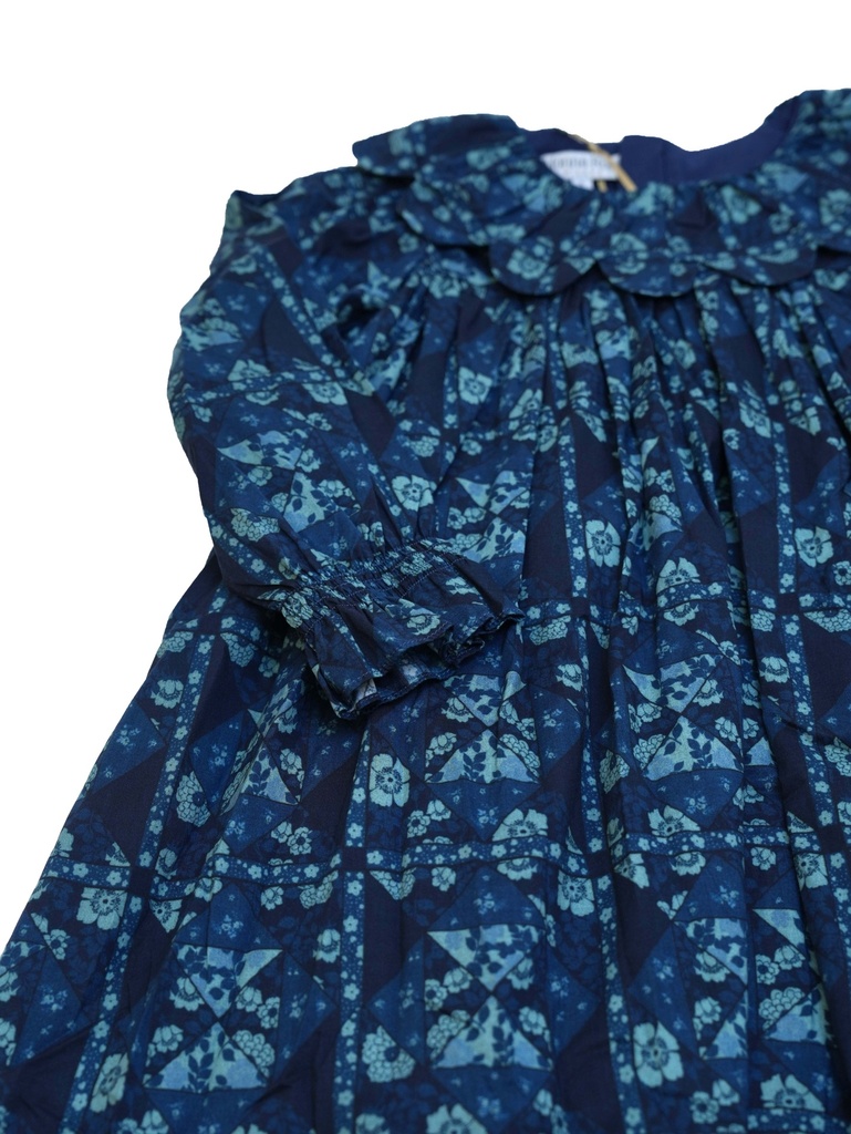 25716 PAPATYA YAKALI BASKILI ELBISE MAVI