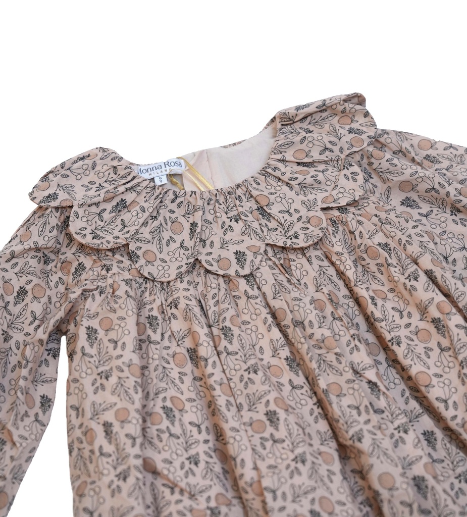 25716 PAPATYA YAKALI BASKILI ELBISE BEJ