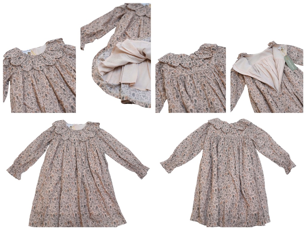 25716 PAPATYA YAKALI BASKILI ELBISE BEJ