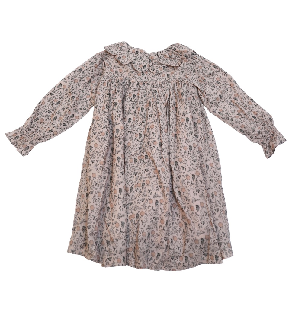 25716 PAPATYA YAKALI BASKILI ELBISE BEJ