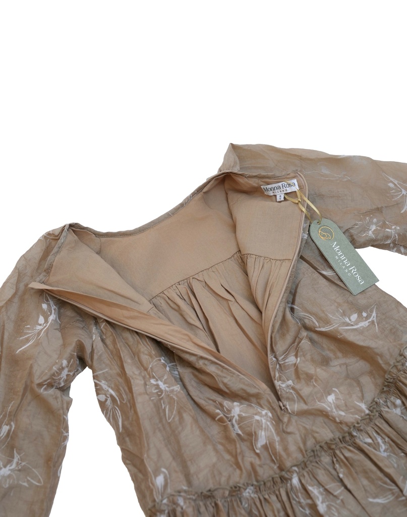 25721 FLOCK BASKILI SIMLI ELBISE KAHVERENGI 