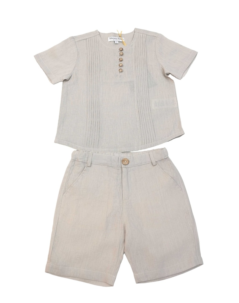 26125 ERKEK KETEN DÜĞME DETAYLI  GÖMLEK ŞORT 2'Lİ TAKIM BEJ