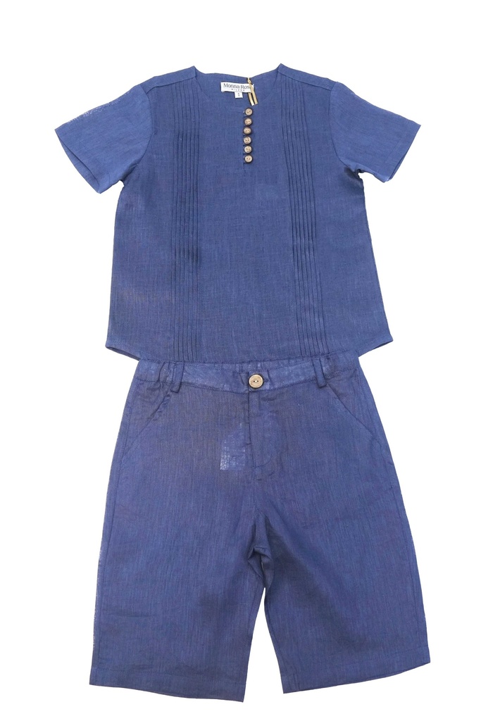 26225 ERKEK KETEN DÜĞME DETAYLI GÖMLEK ŞORT 2'Lİ TAKIM LACİVERT