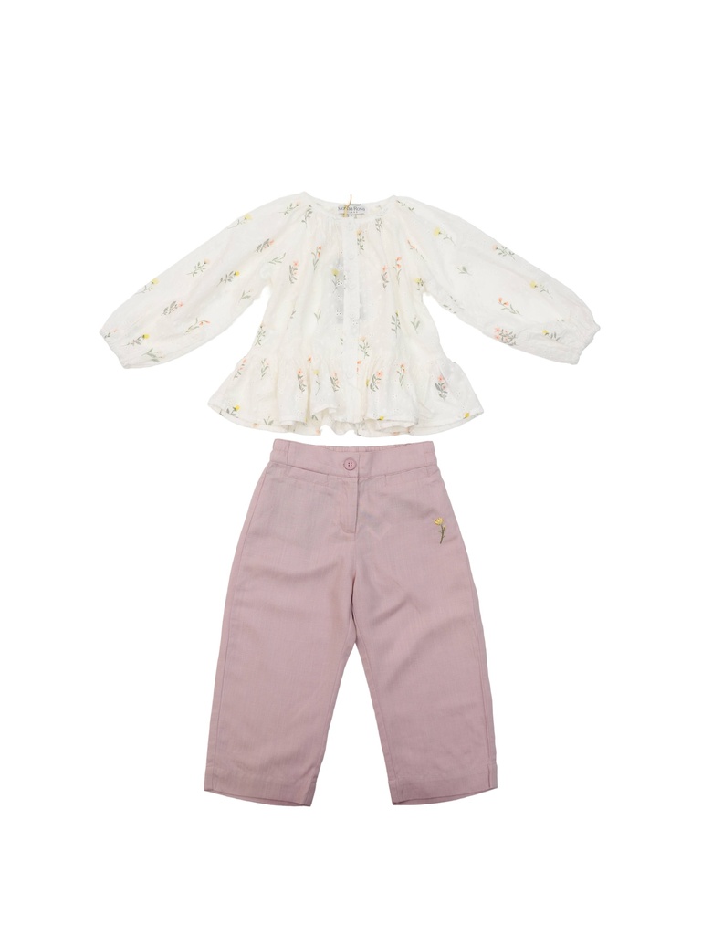 26215 KIZ BRODE VE NAKIŞ DETAYLI 2'Lİ TAKIM PEMBE