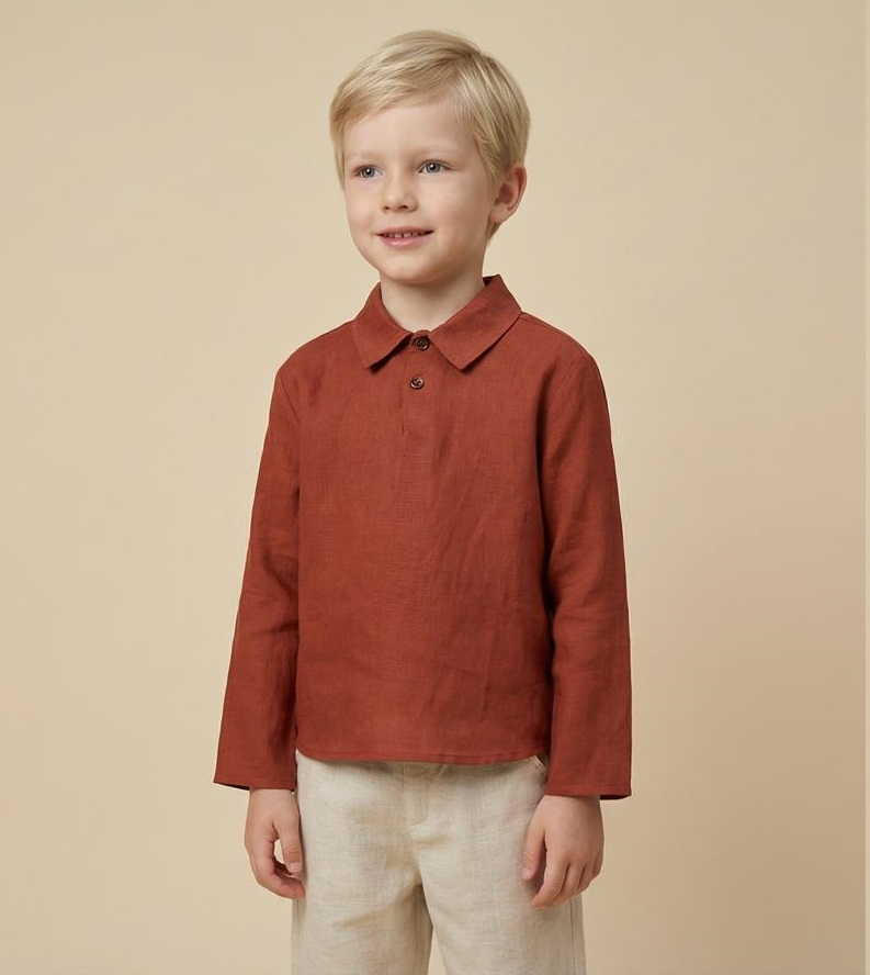 26124 Boy Linen Shirt Pants 2-Piece Set Orange