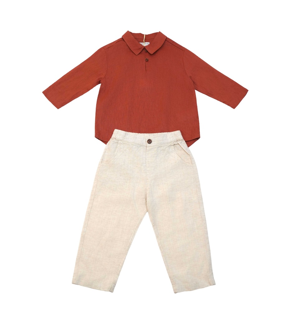 26224 Boy Linen Shirt Pants 2-Piece Set Orange