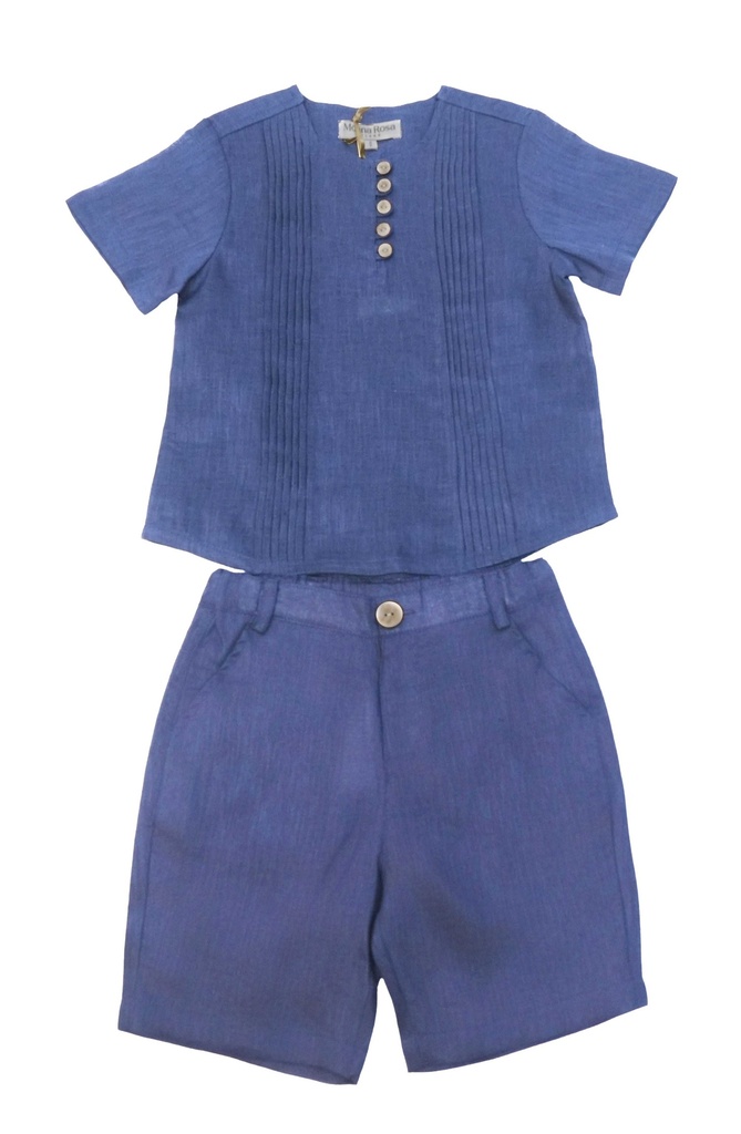26125 Boy Linen Button Detailed Shirt Shorts 2-Piece Set Navy