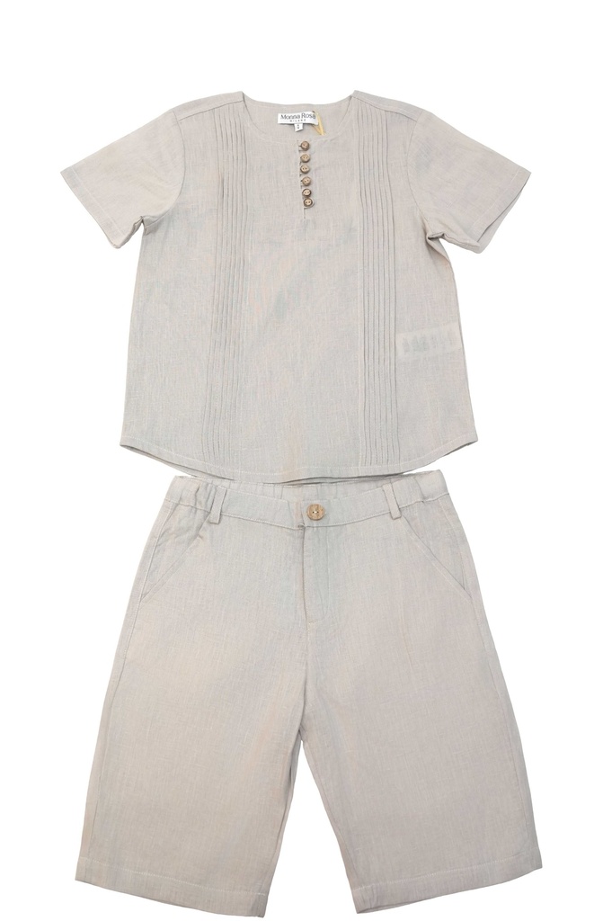 26225 Garçon Lin Button Détaillé  Chemise Short Ensemble 2 pièces Ensemble Beige