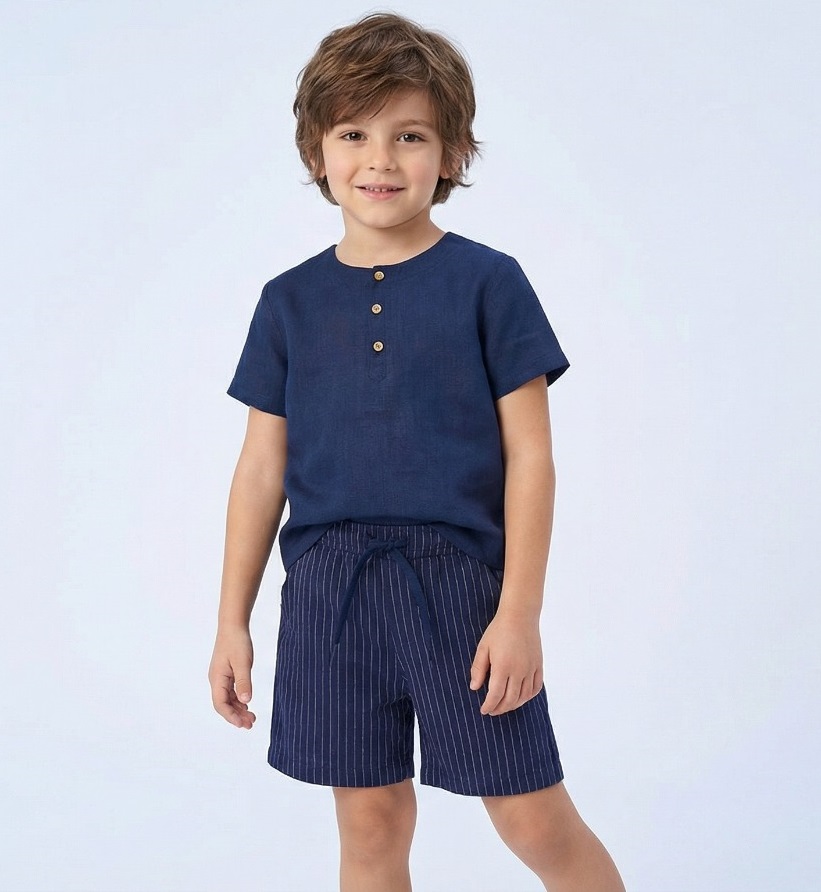 26230 Garçon Lin Rayé Ensemble 2 pièces Ensemble Bleu marine