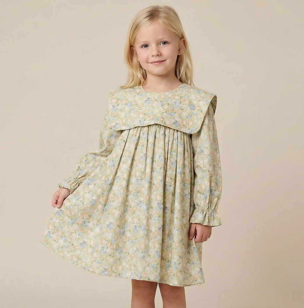 25711 with Rose Details Apron Collar Dress - Green