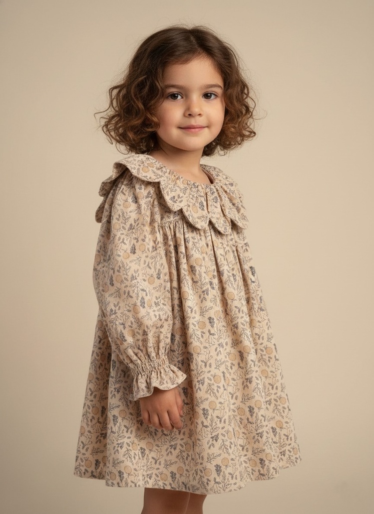 25616 Printed with Daisy Collar Dress - Beige