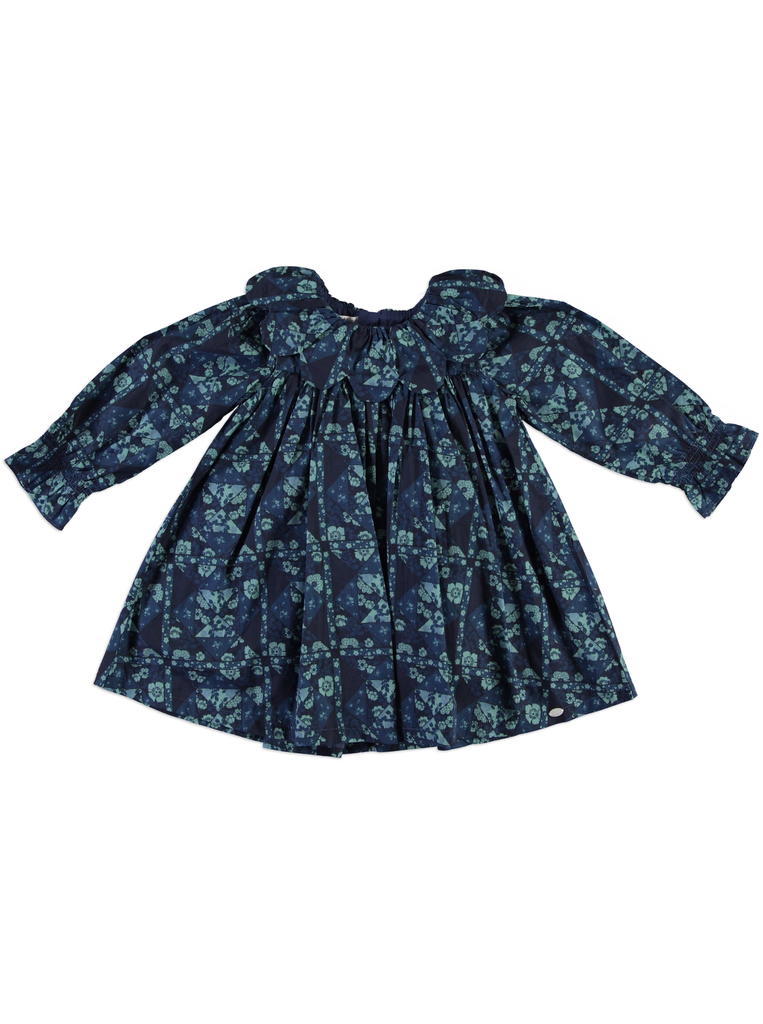 25616 Printed with Daisy Collar Dress - Blue