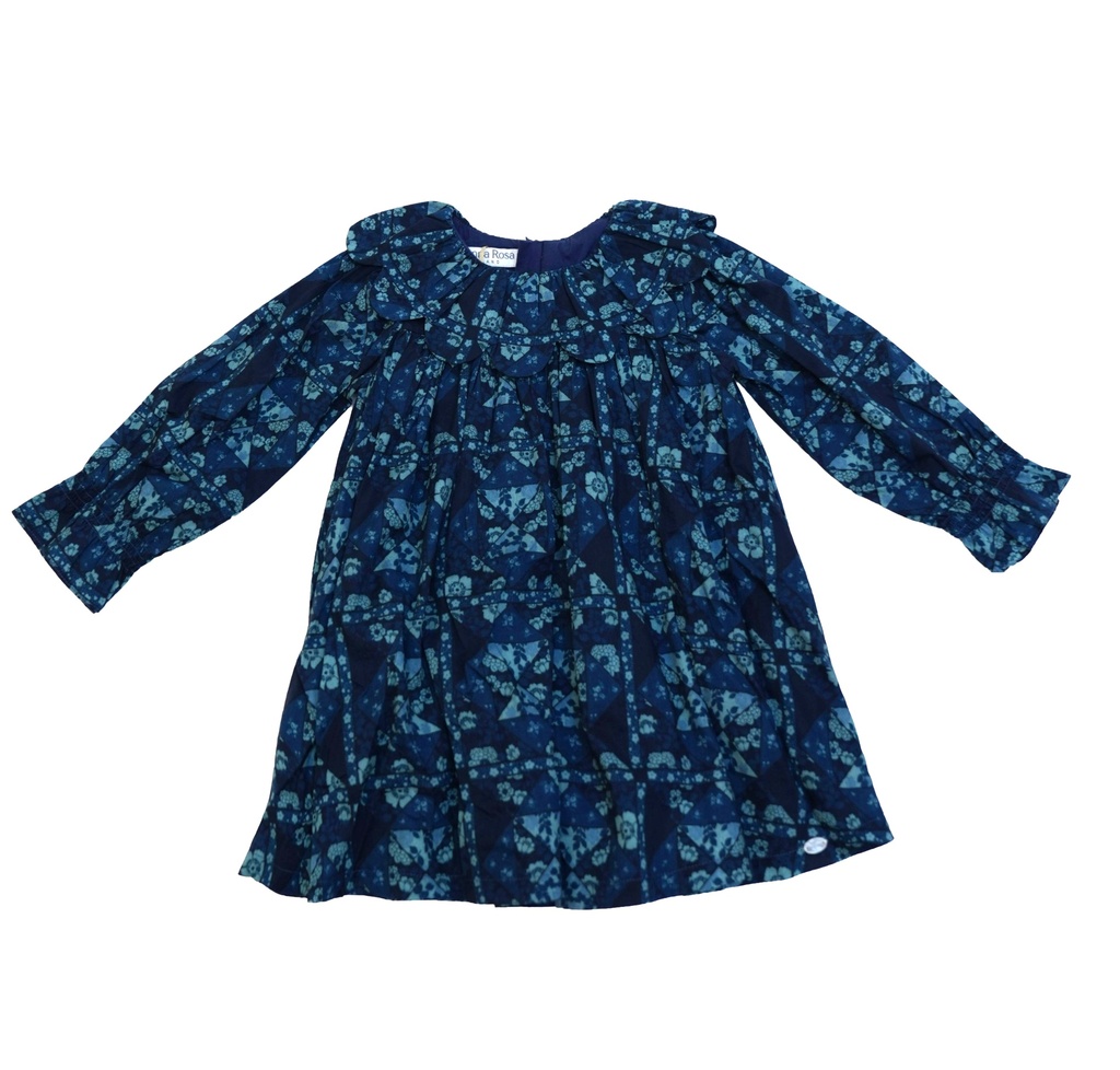 25616 Printed with Daisy Collar Dress - Blue