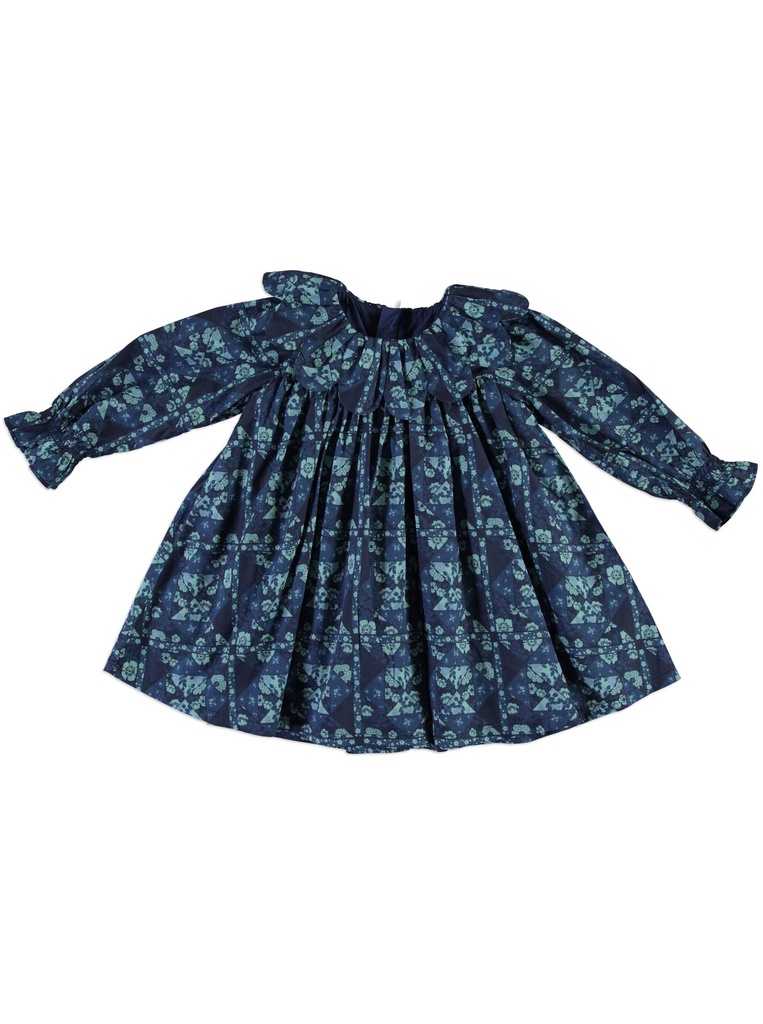25716 Printed with Daisy Collar Dress - Blue