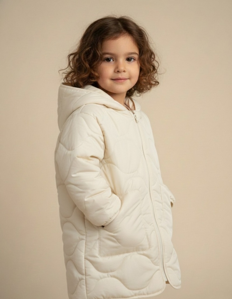 25627 Long Quilted Hooded Coat - Ecru