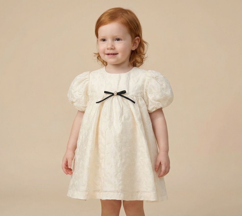 26012 Bow Detailed Embroidered Dress Ecru