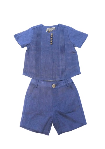26025 Garçon Lin Button Détaillé Chemise Short Ensemble 2 pièces Ensemble Bleu marine