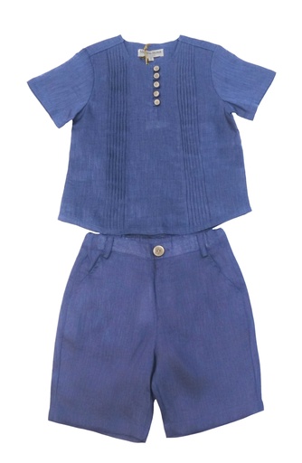 26125 Garçon Lin Button Détaillé Chemise Short Ensemble 2 pièces Ensemble Bleu marine