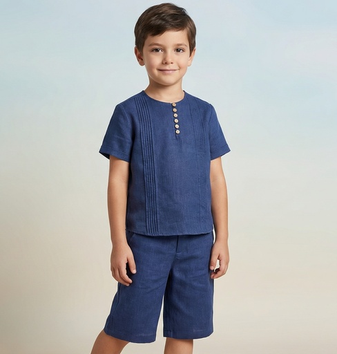 26225 Boy Linen Button Detailed Shirt Shorts 2-Piece Set Navy
