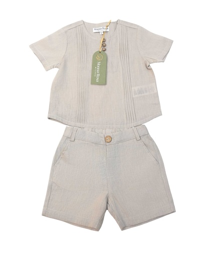 26025 Boy Linen Button Detailed Shirt Shorts 2-Piece Set Beige