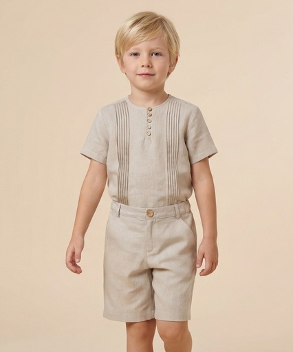 26125 Boy Linen Button Detailed  Shirt Shorts 2-Piece Set Beige