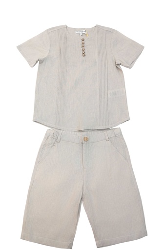 26225 Garçon Lin Button Détaillé  Chemise Short Ensemble 2 pièces Ensemble Beige