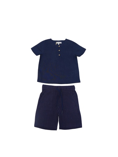 26130 Garçon Lin Rayé Ensemble 2 pièces Ensemble Bleu marine