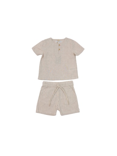 26030 Boy Linen Striped 2-Piece Set Beige