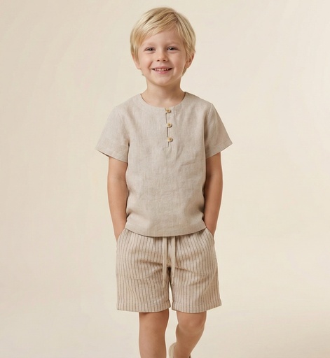 26130 Garçon Lin Rayé Ensemble 2 pièces Ensemble Beige