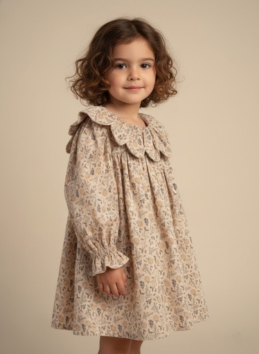 25616 Printed with Daisy Collar Dress - Beige