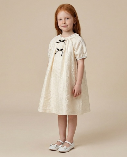 26212 Bow Detailed Embroidered Dress Ecru